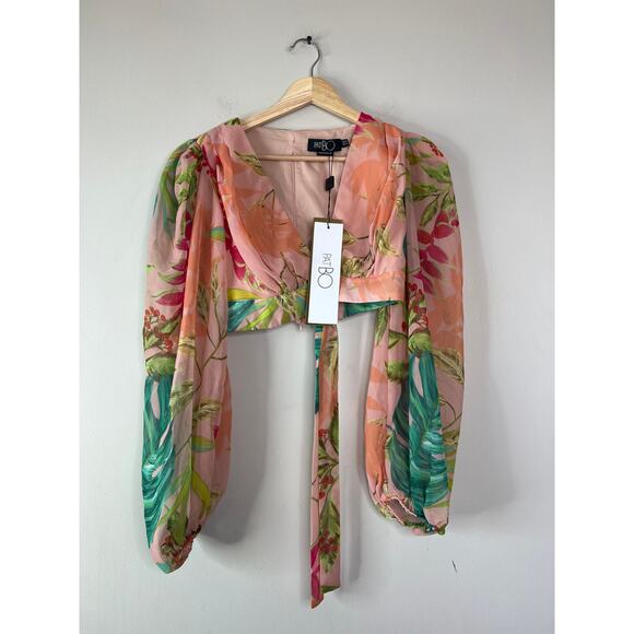 NWT Patbo Tropicalia Tie-Front  Cropped Puff Sleeve Lined Top Harbour Pink Sz: 0 - Picture 2 of 8